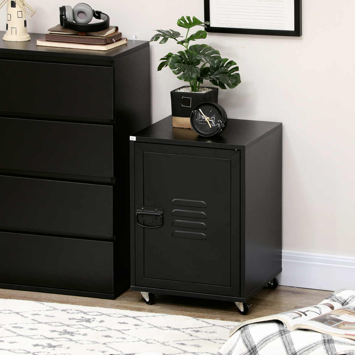 Bedside Table, Rolling End Side Table, Mobile Storage Cabinet Black