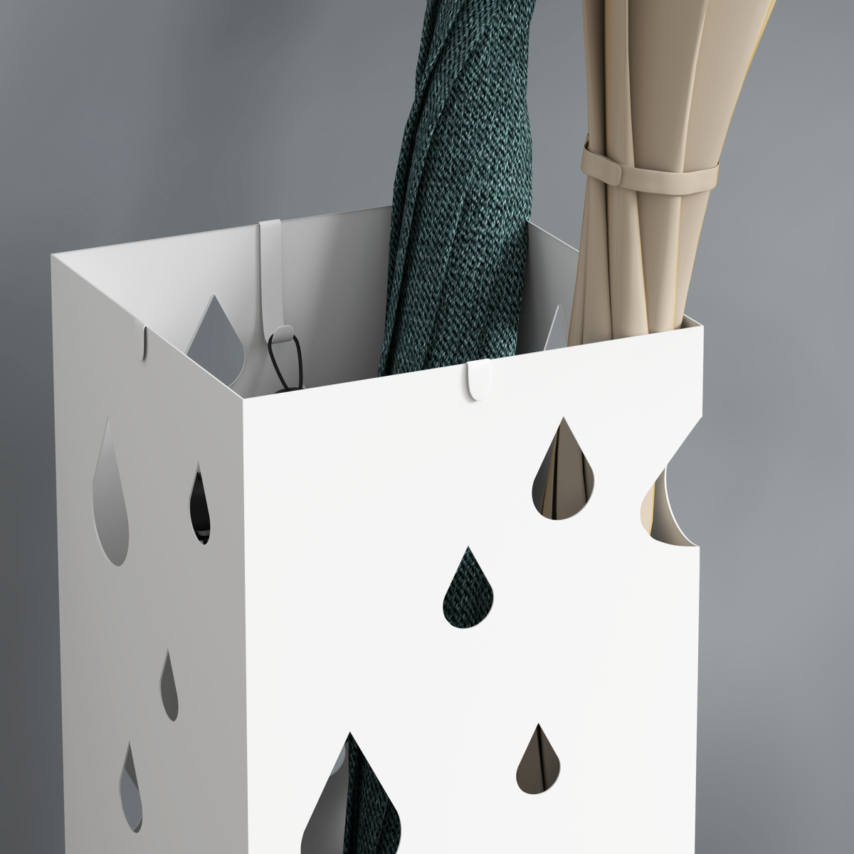 HOMCOM Metal Umbrella Stand, Square Umbrella Basket with 4 Hooks Drip Tray White