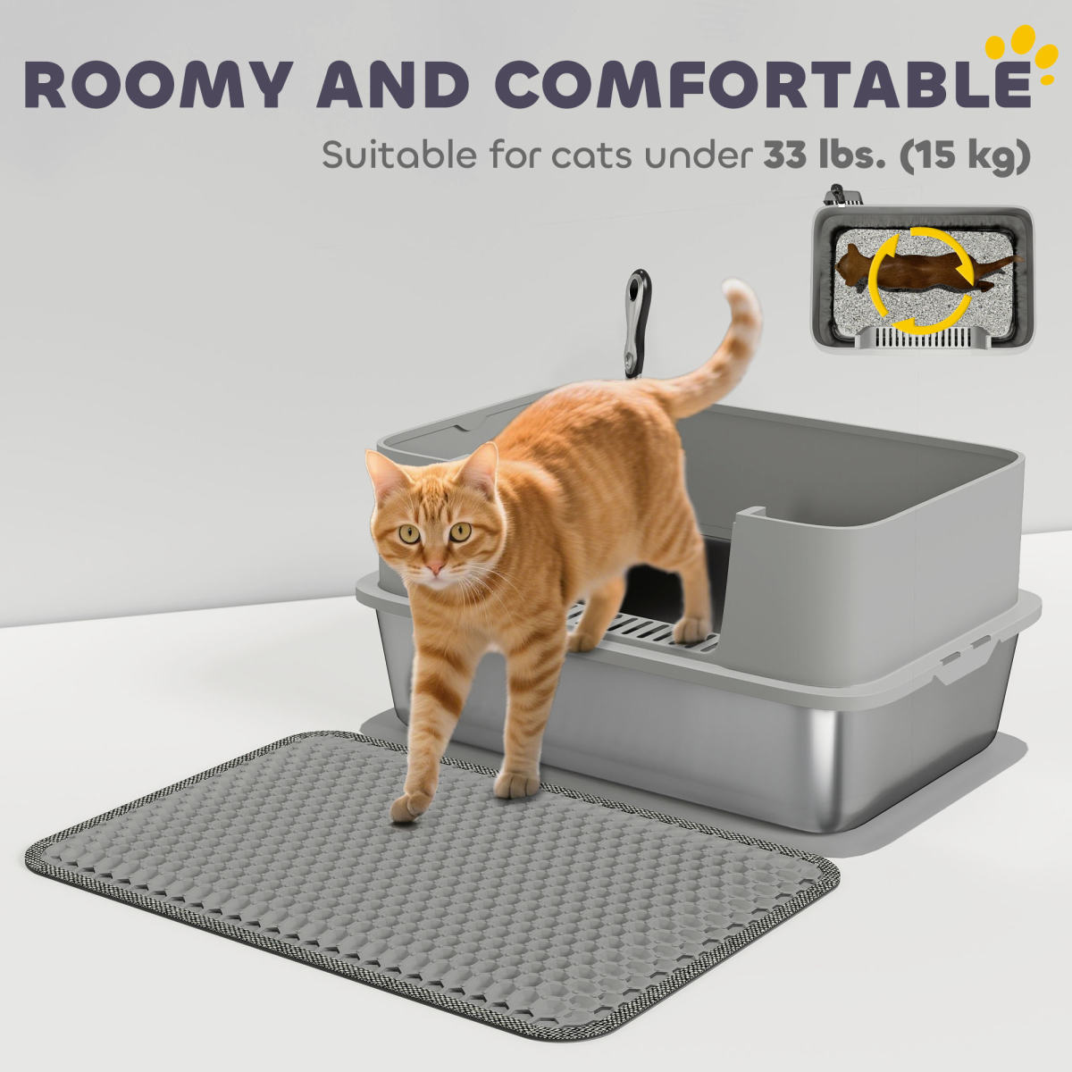 PawHut Stainless Steel Litter Box with Scoop, High Sided Cat Litter Tray