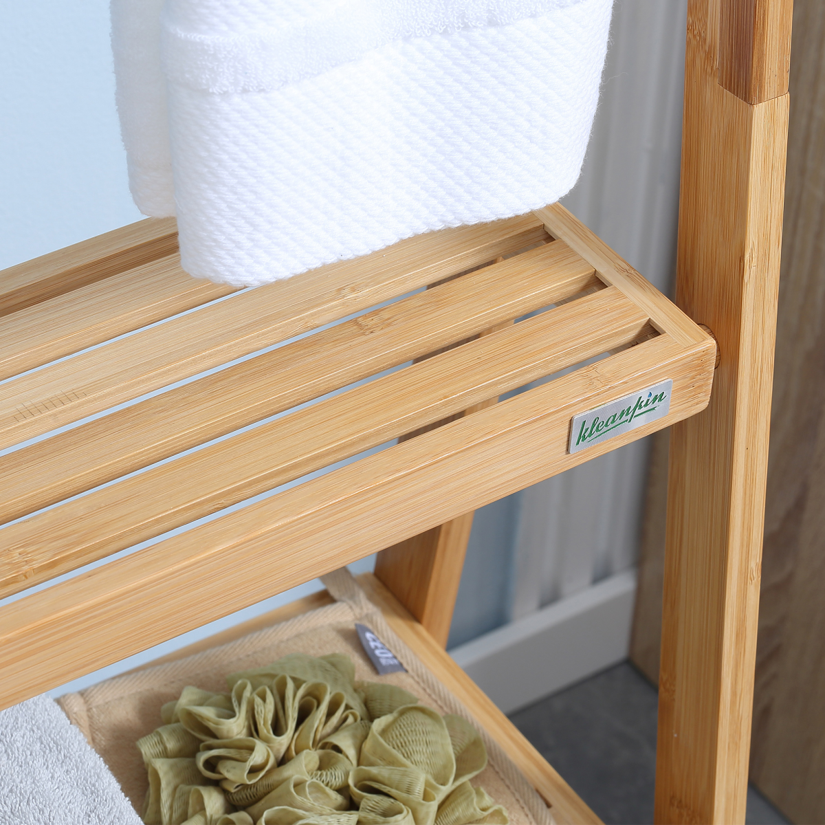 Freestanding Foldable Bamboo Towel Rack with 3 Bars and Shelves for Bathroom