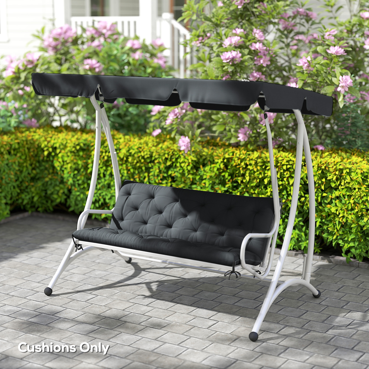 3 Seater Garden Bench Cushion Outdoor Seat Pad with Ties Black
