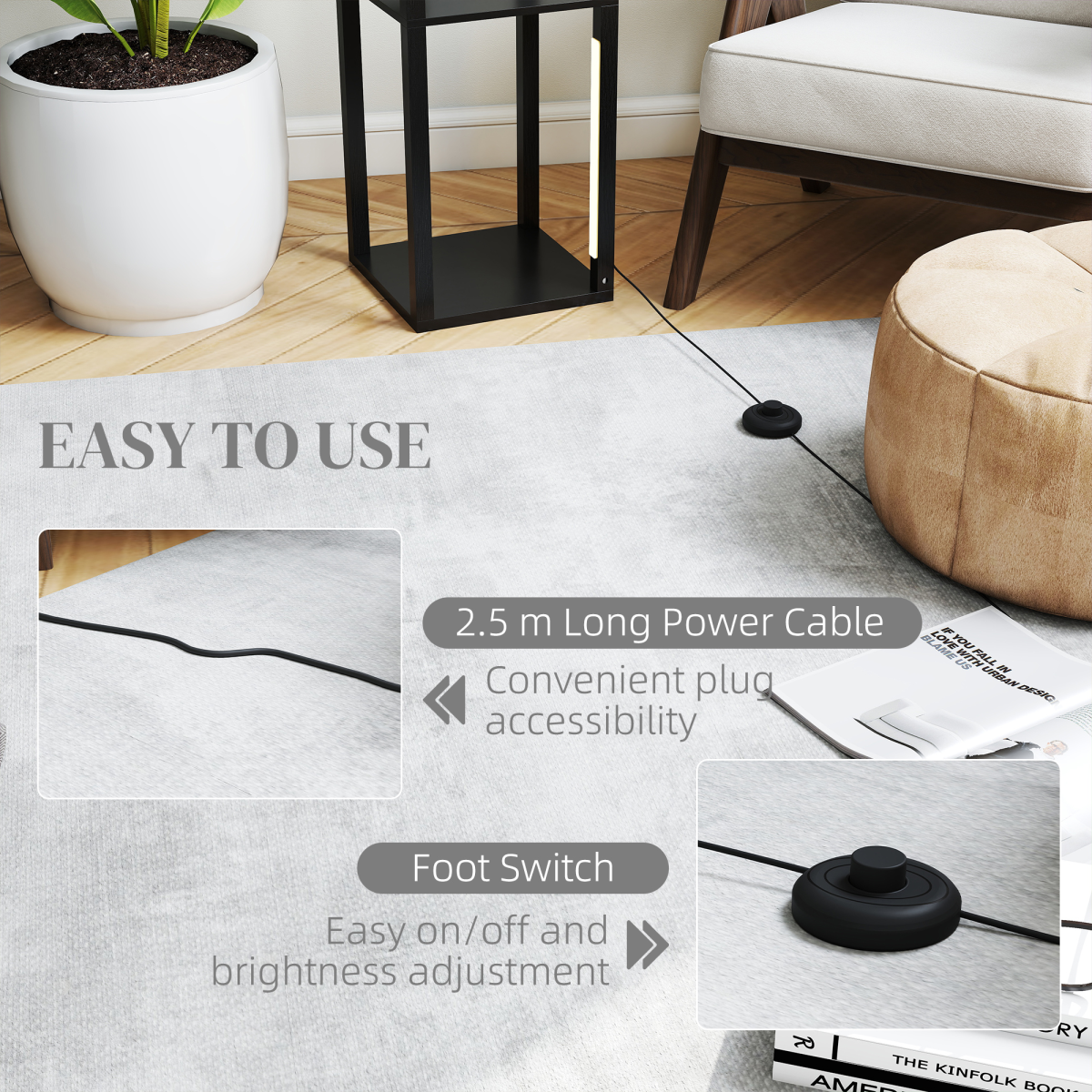 HOMCOM Floor Lamp for Living Room, Standing Lamp with Foot Switch, Black