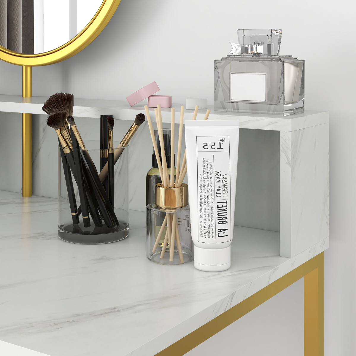 Dressing Table with Round Mirror, Vanity Makeup Desk Faux Marble Texture White