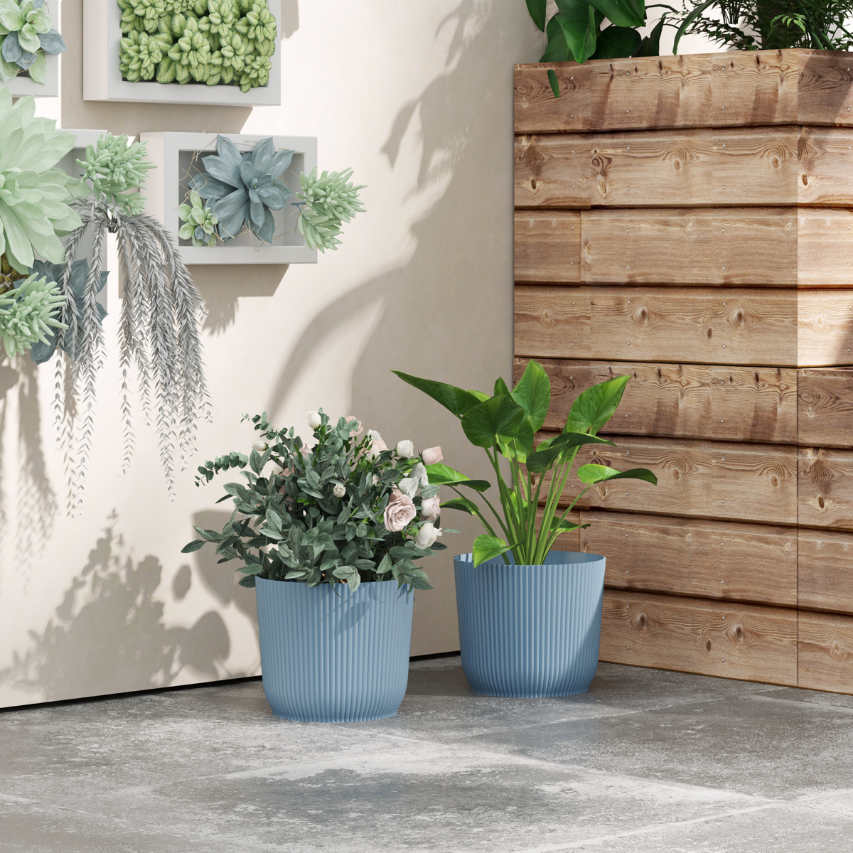Outsunny Set of 2 Round Plant Pots Outdoor 22cm for Garden Decoration, Blue