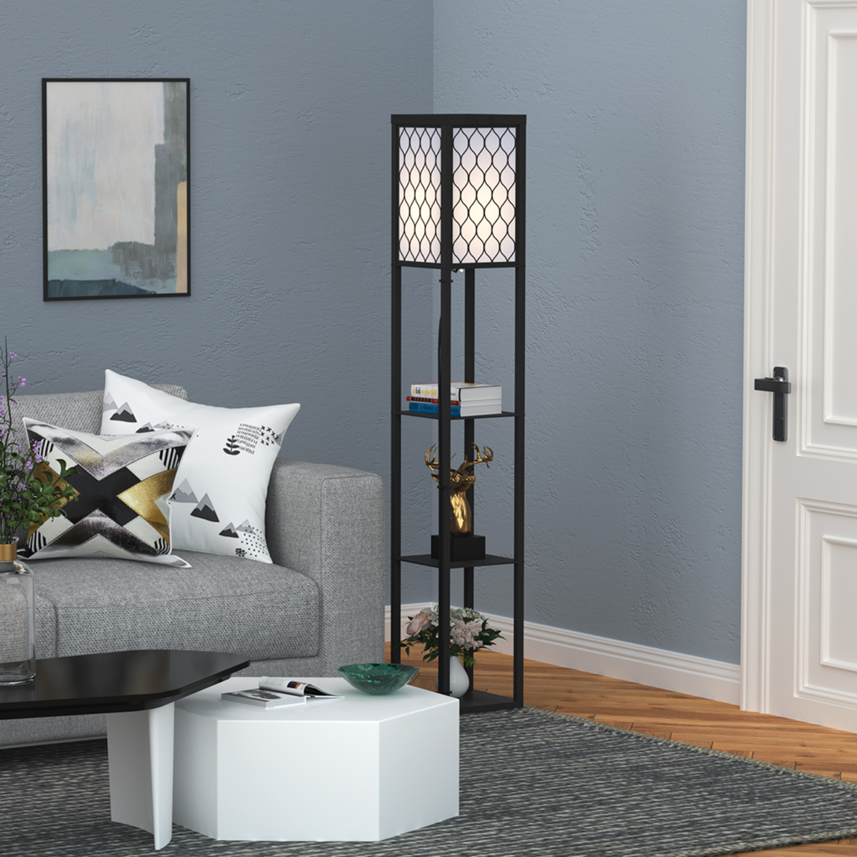 HOMCOM Modern Floor Lamp Light with 3 Shelves Fabric Lampshade Black