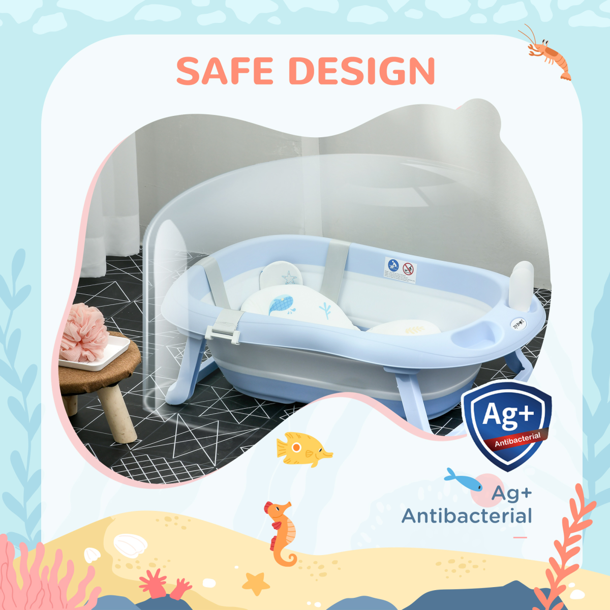 Foldable Baby Bathtub w/ Non-Slip Support Legs, Cushion, Shower Holder - Blue