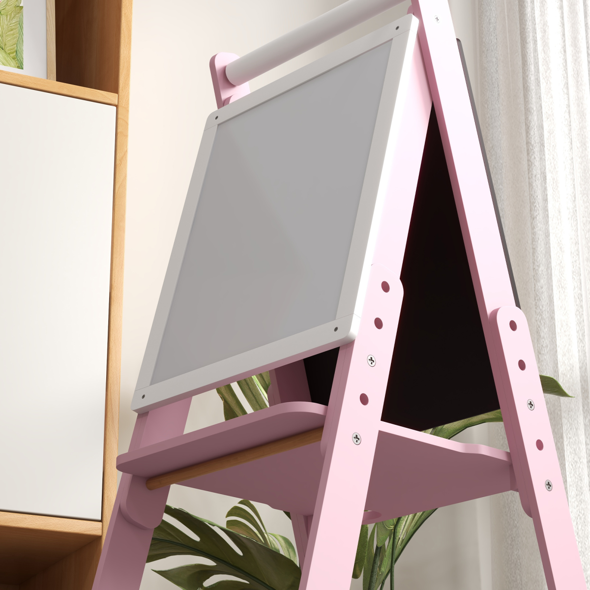 Art Easel for Kids, Double-Sided Whiteboard Chalkboard w/ Paper Roll - Pink