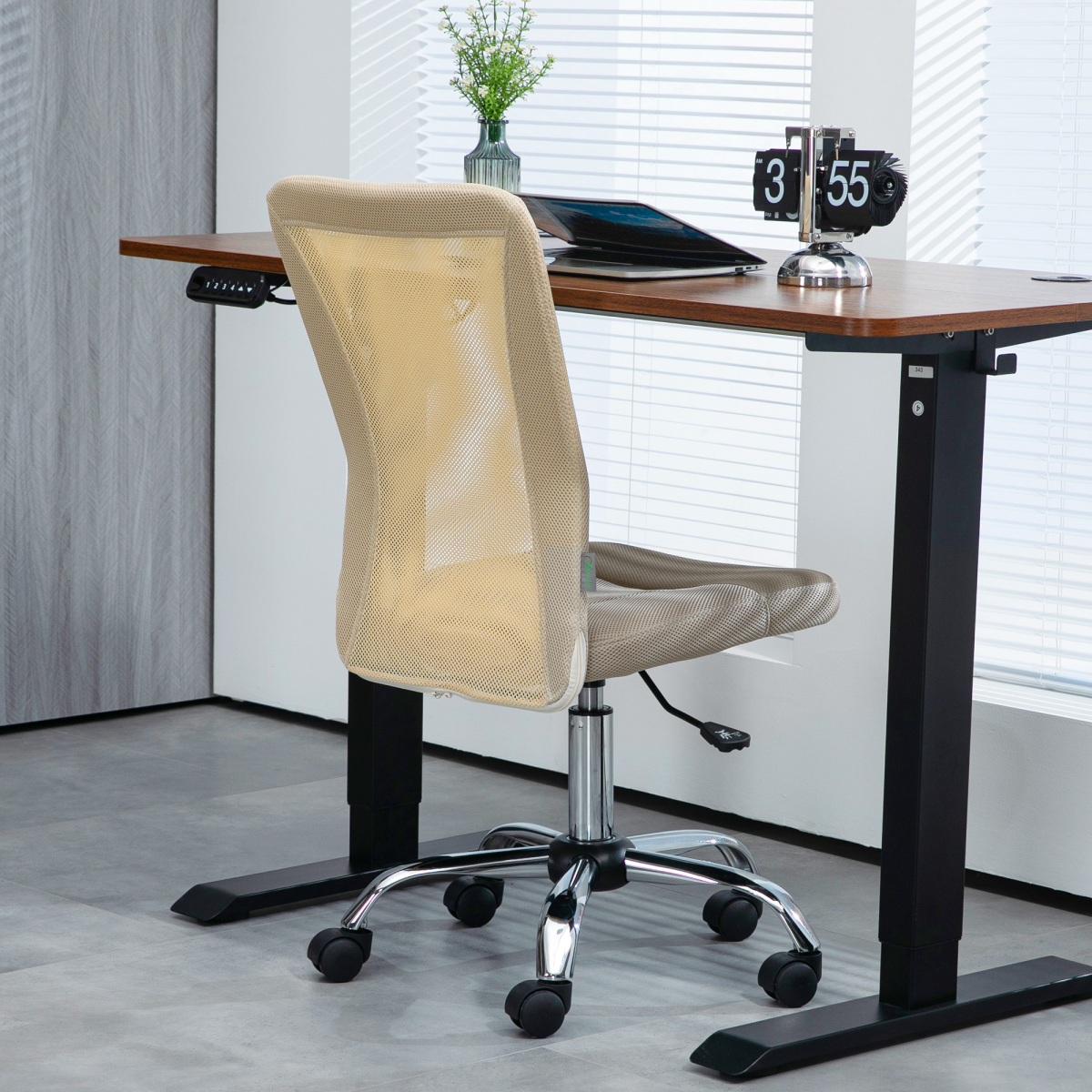 Vinsetto Armless Office Chair with Adjustable Height Mesh Back Wheels Beige