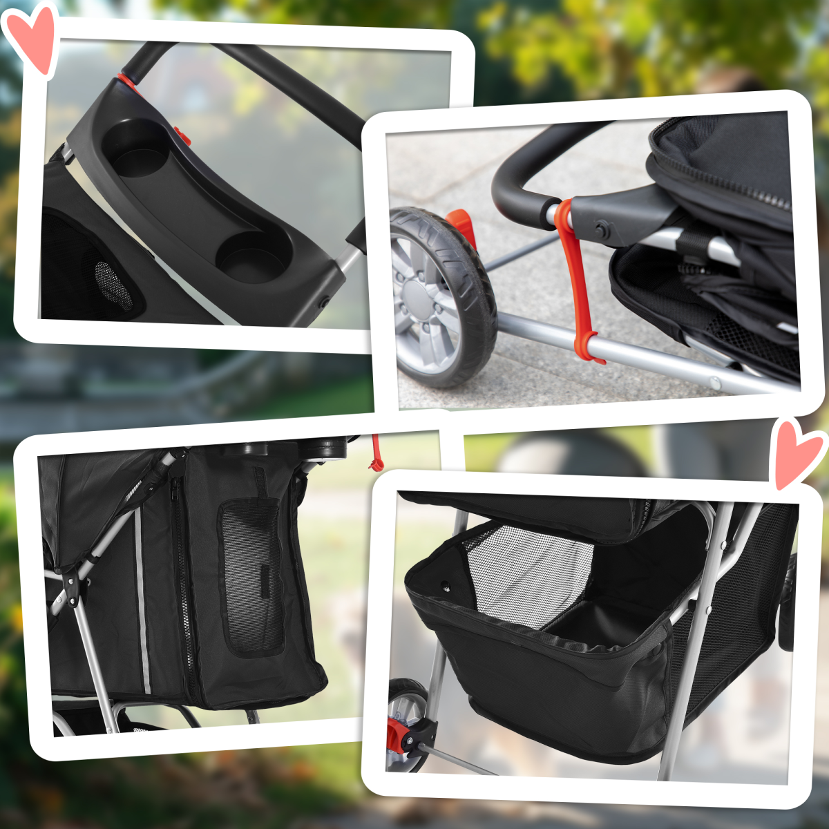 Pet Stroller Pushchair Carrier for Cat Puppy with 3 Wheels Black