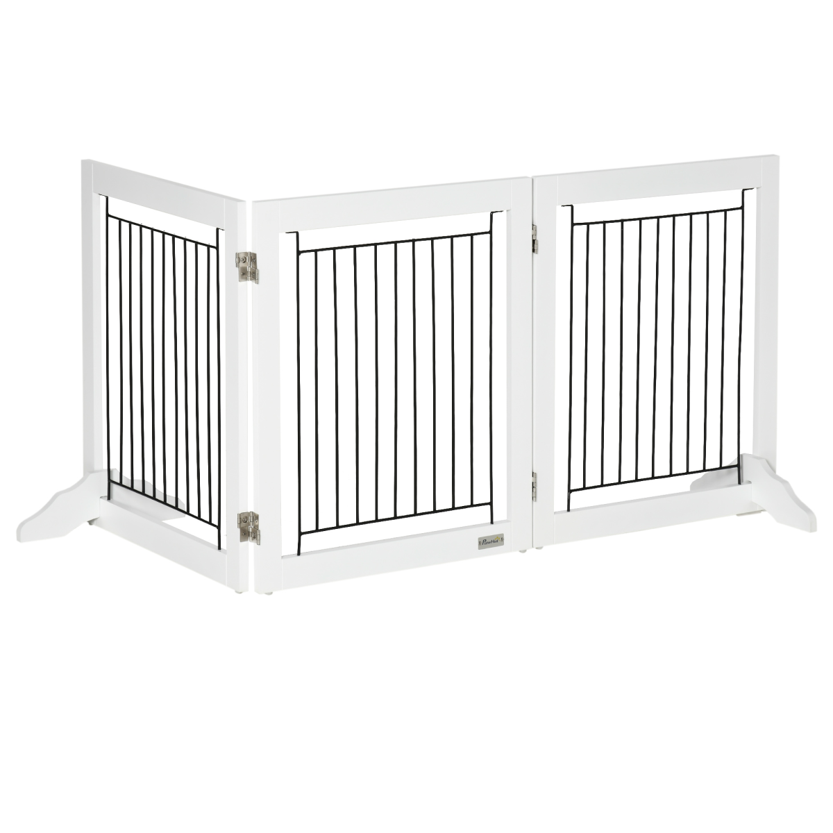 Foldable Dog Gate Freestanding Wooden Pet Barrier w/ 3 Panels, 2 Support Feet