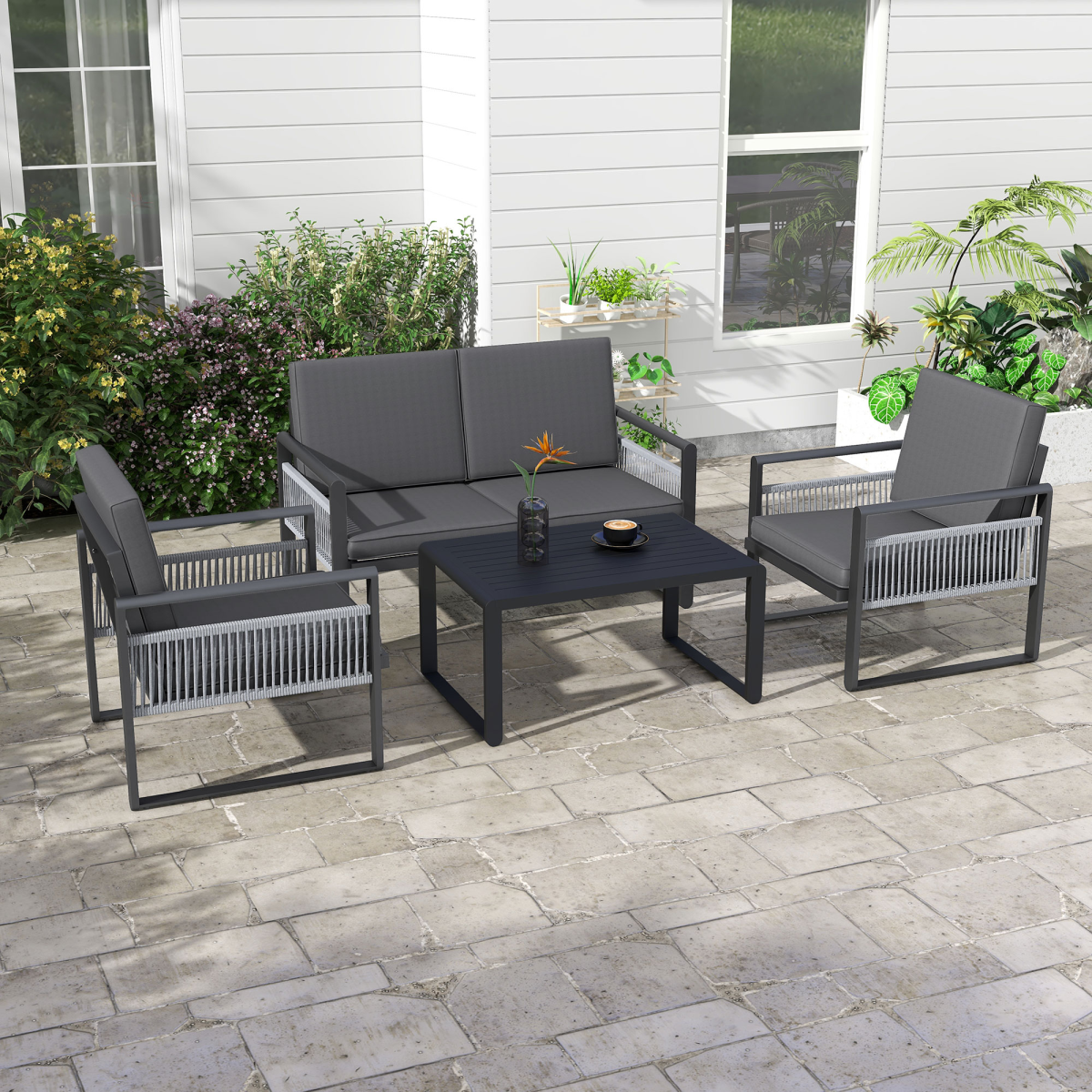 Outsunny Aluminium Garden Furniture Sets w/ Cushions, Slatted Top Table, Black