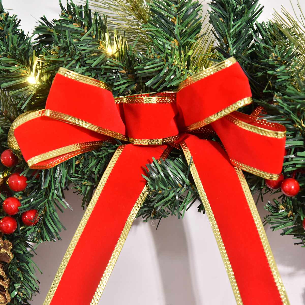 60cm Pre-Lit Artificial Christmas Door Wreath Holly LED Decor Pine Cones Hangin