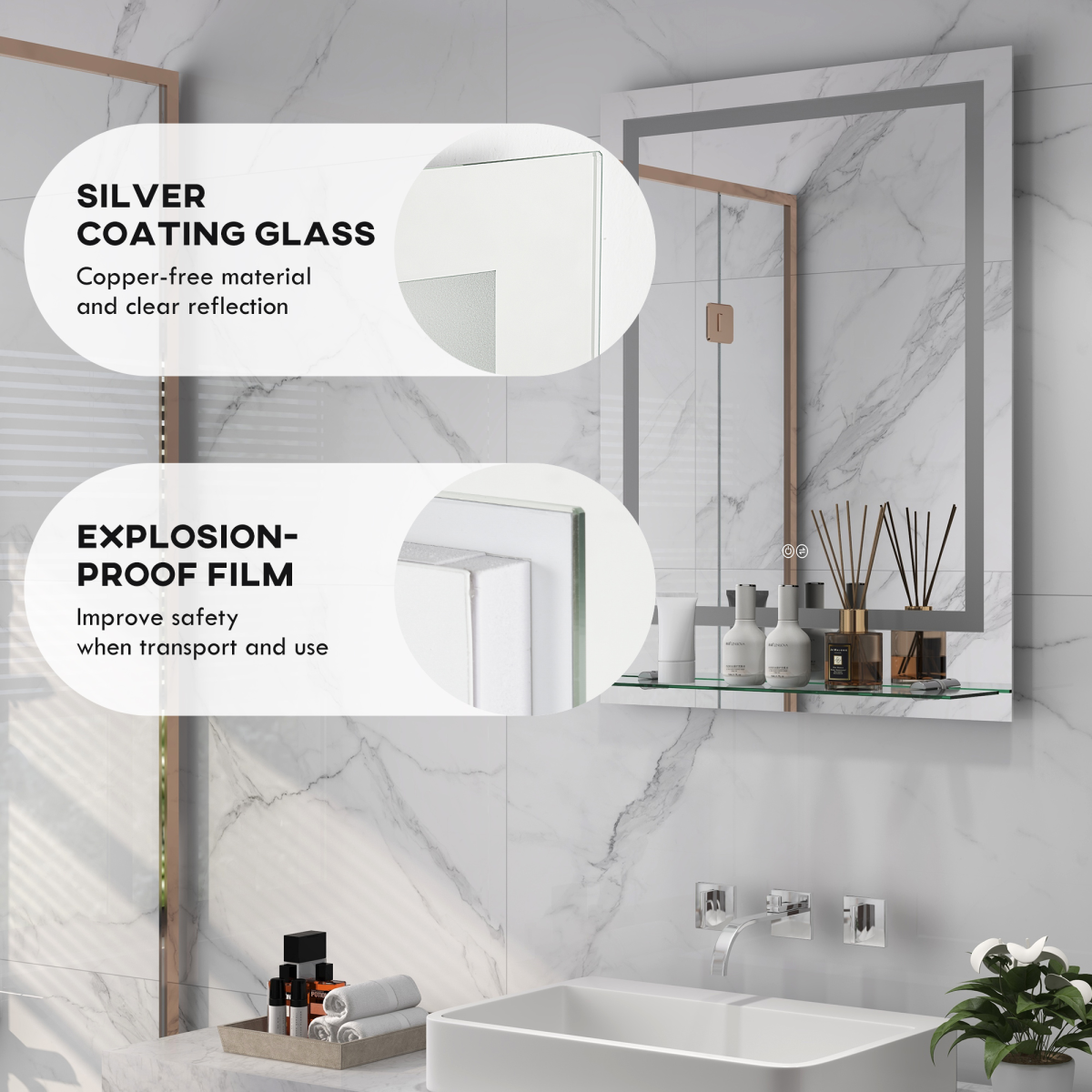kleankin Dimmable Bathroom Mirror with LED Lights, Defogging Film, Clear