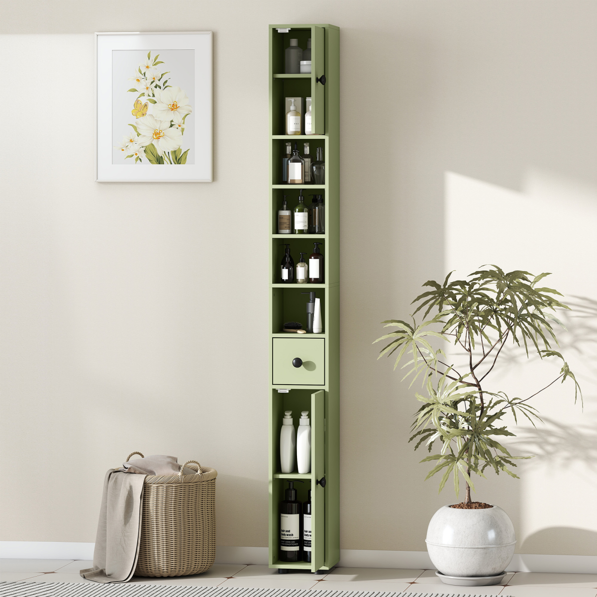 kleankin Slim Bathroom Cabinet, Toilet Roll Storage w/ Open Shelves, Green