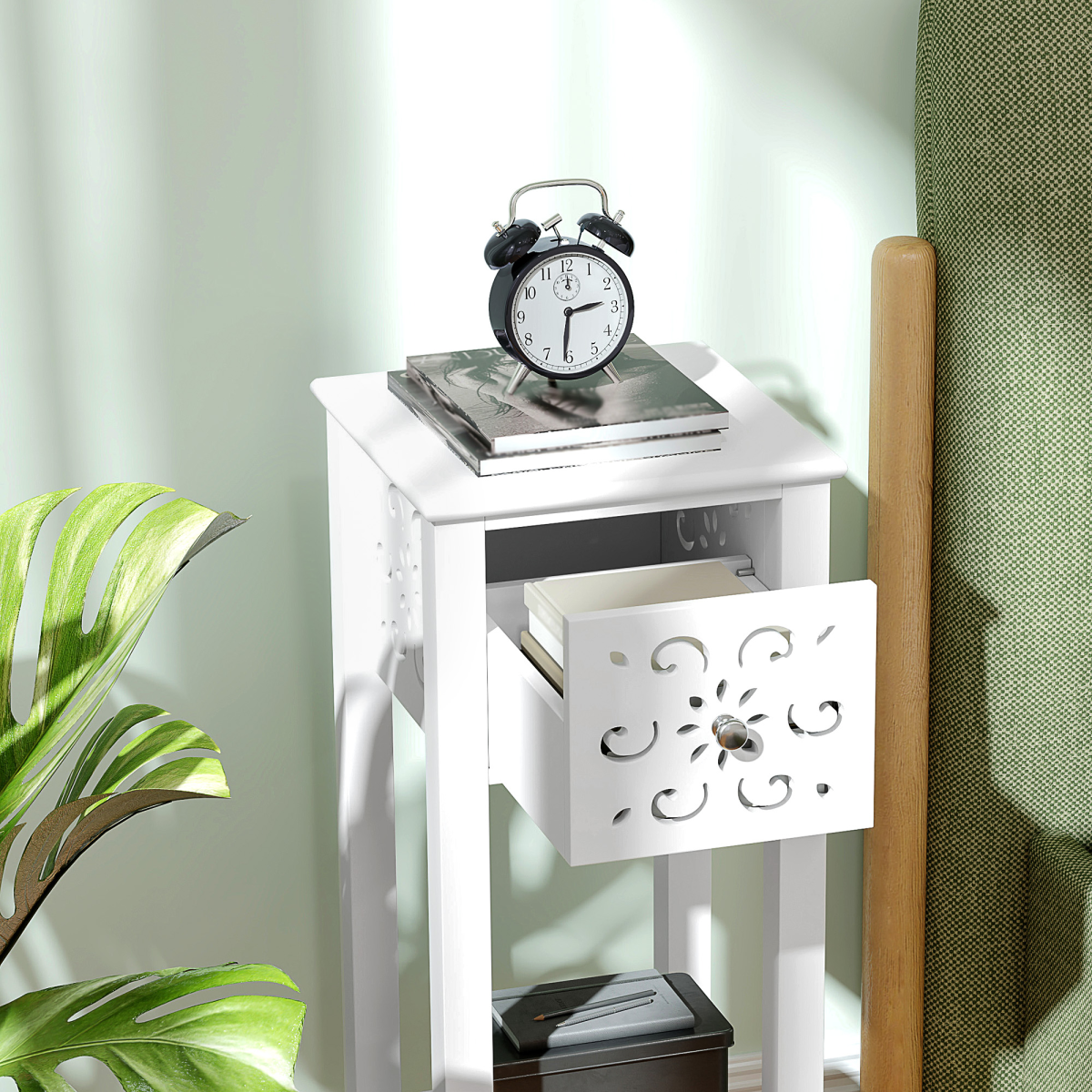 HOMCOM Bedside Table Set, End Table Set with Drawer and Storage Shelf, White