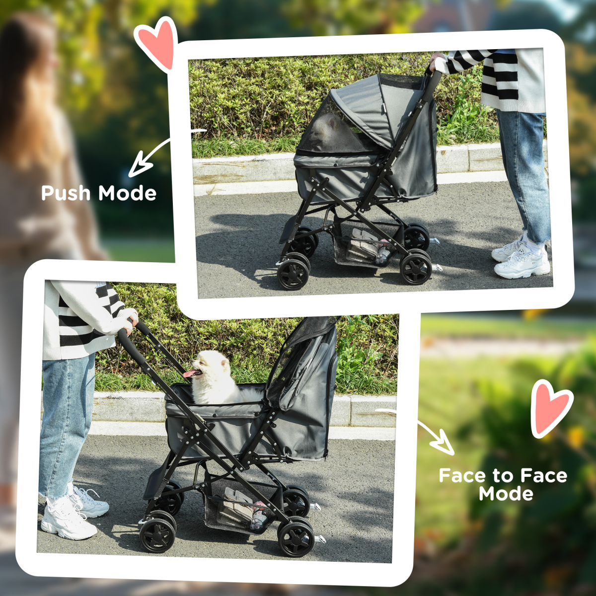 PawHut Pet Stroller - Foldable Dog Carriage w/ Reversible Handle - Grey