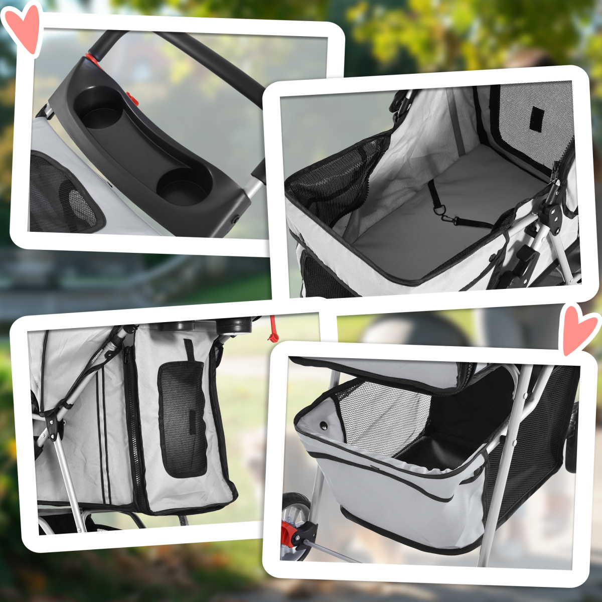 Pet Stroller Cat Dog Basket Zipper Entry Fold Cup Holder Carrier Cart Grey