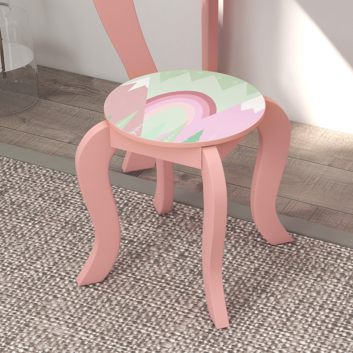 ZONEKIZ Kids Dressing Table with Mirror Stool Drawer, Cute Animal Design, Pink