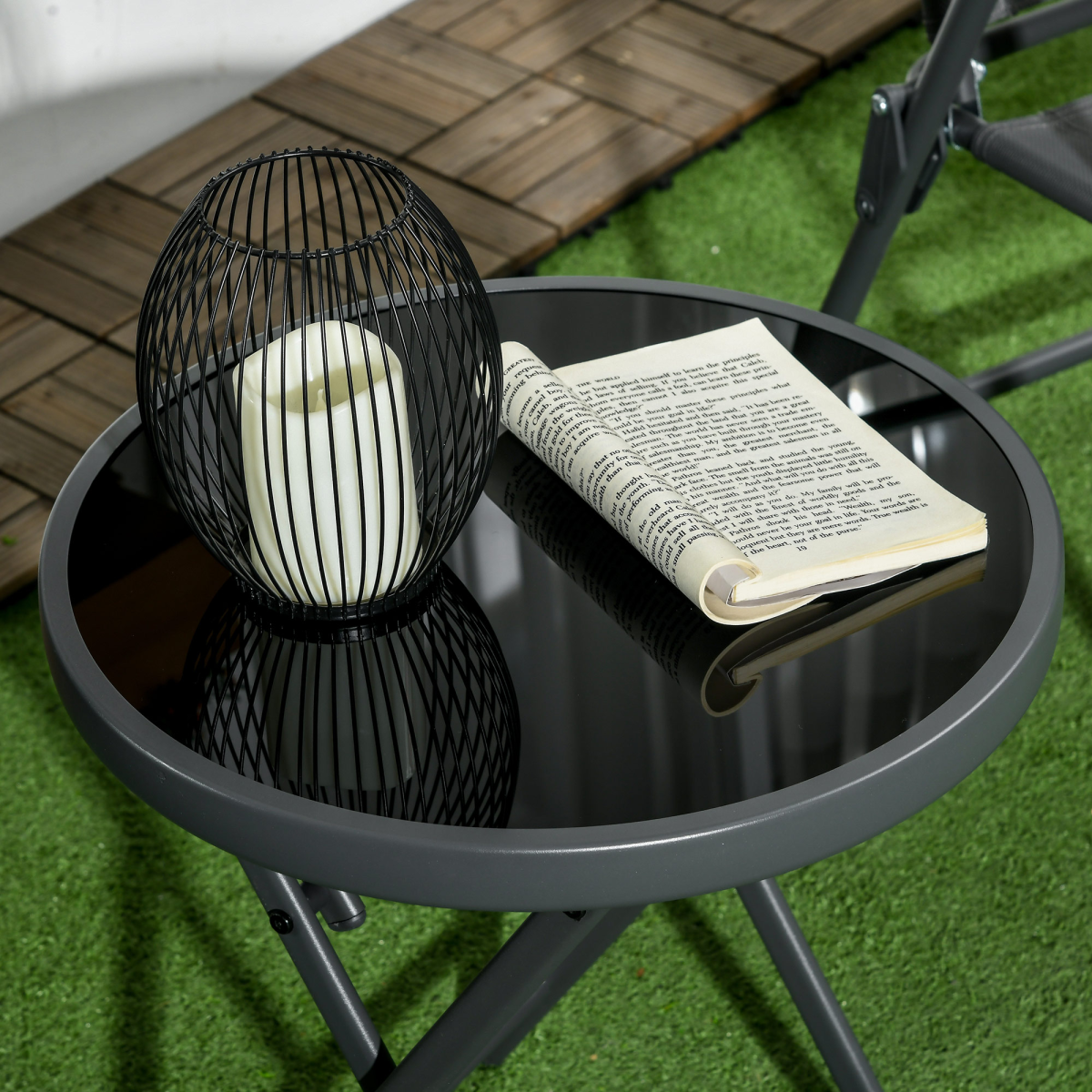 Outsunny Round Folding Side Table w/ Imitation Marble Glass Top, Black