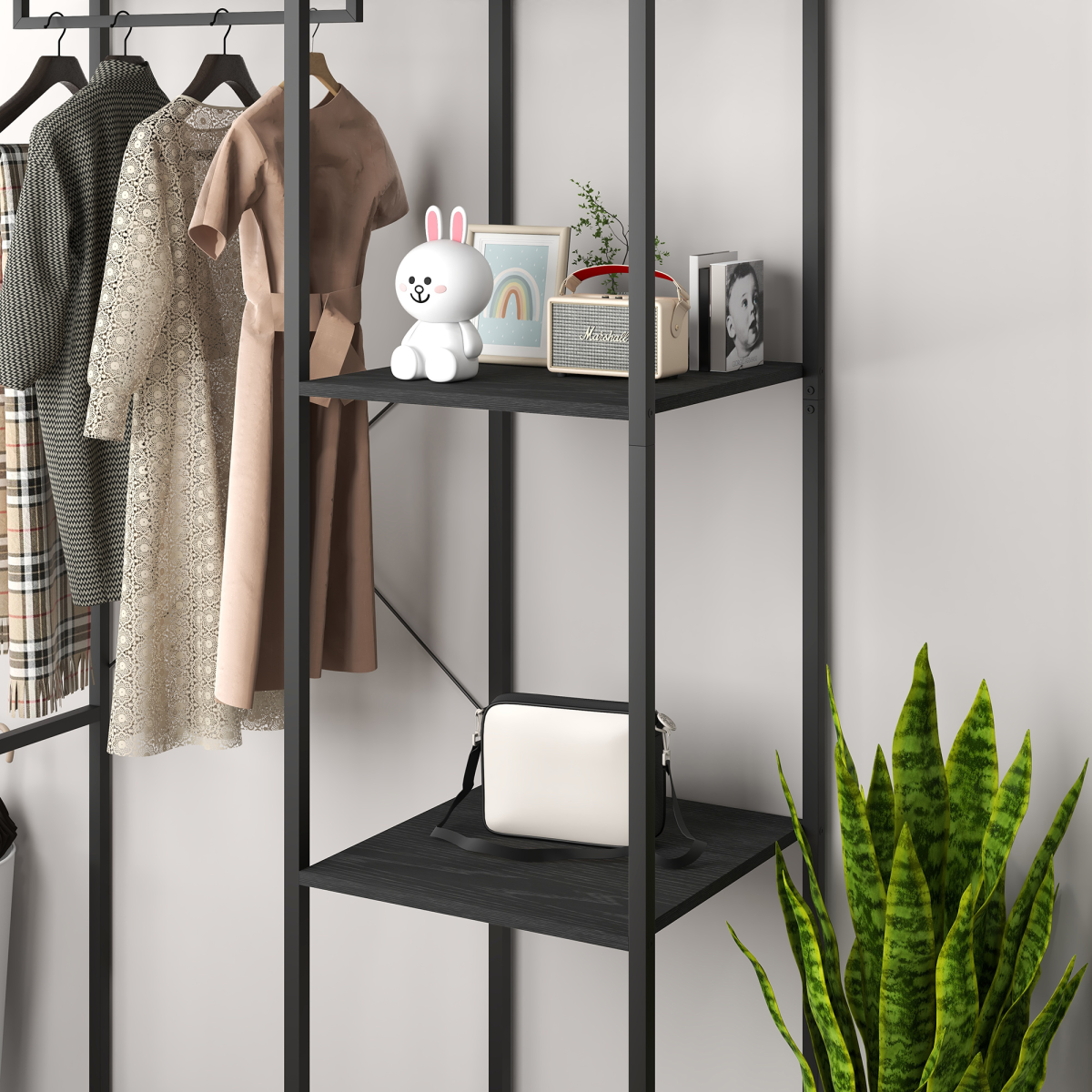 HOMCOM Coat Rack Stand with Hanging Rail and Storage Shelves for Hallway Black