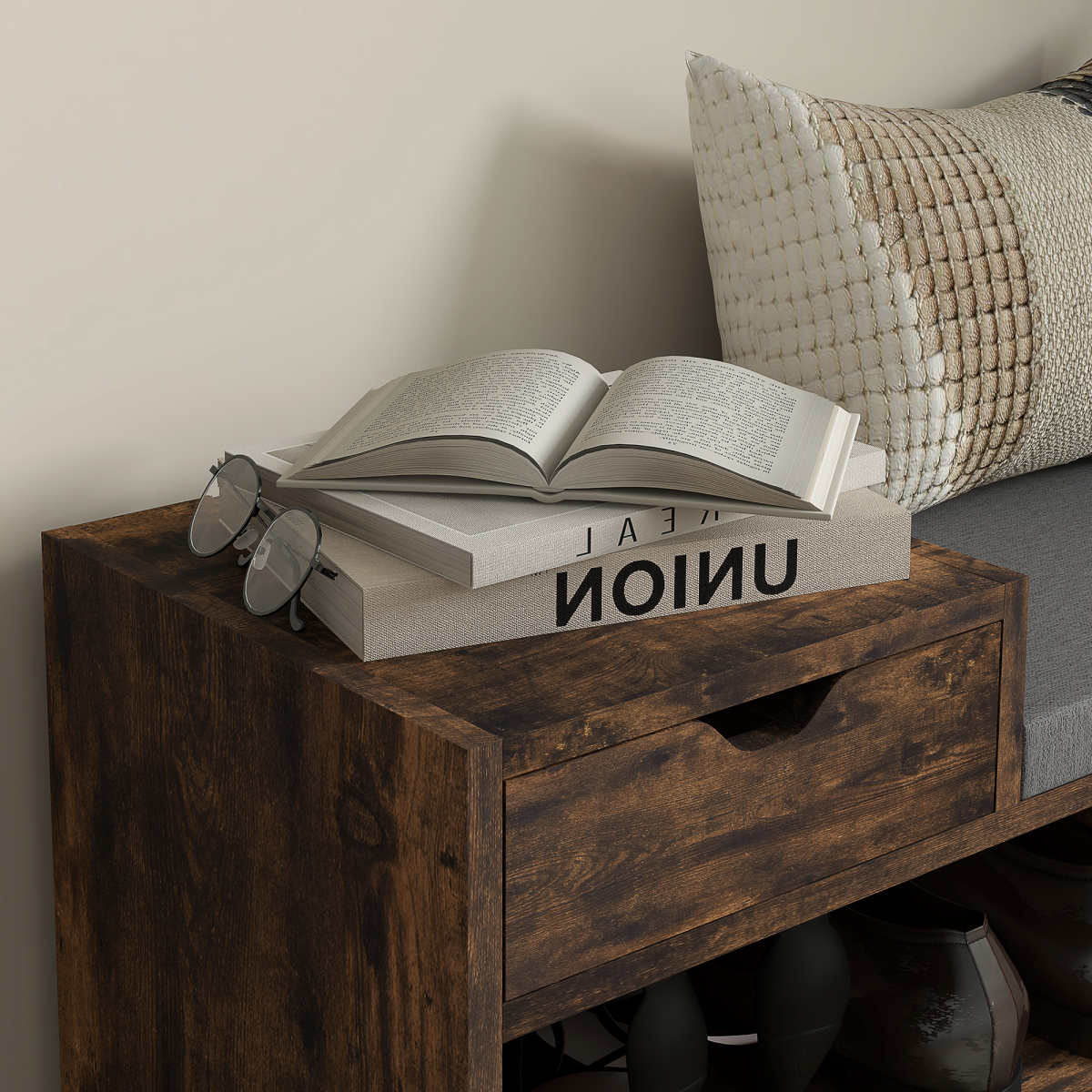 HOMCOM Upholstered Entryway Shoe Bench with Storage Drawer Open Shelf Brown