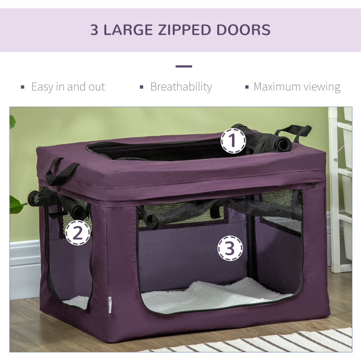 60cm Foldable Pet Carrier Cat Bag w/ Cushion, for Miniature Dogs - Purple