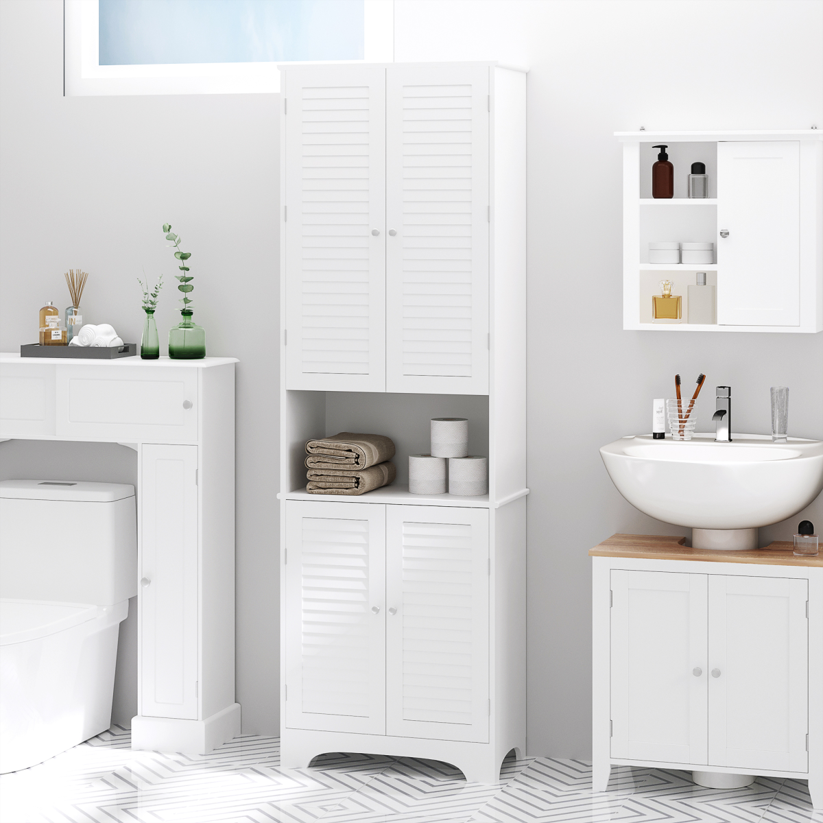 183x60cm Tall Freestanding Bathroom Cabinet Retro Shutters 3 Compartments White