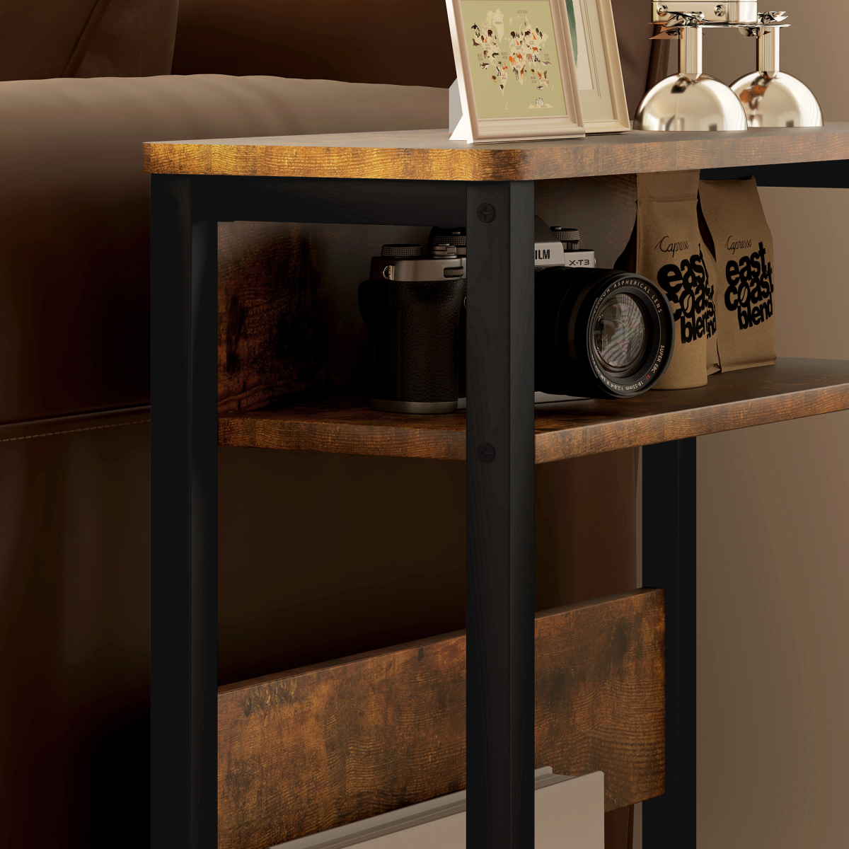 HOMCOM Narrow Side Table with Storage, Bedside End Table, Rustic Brown