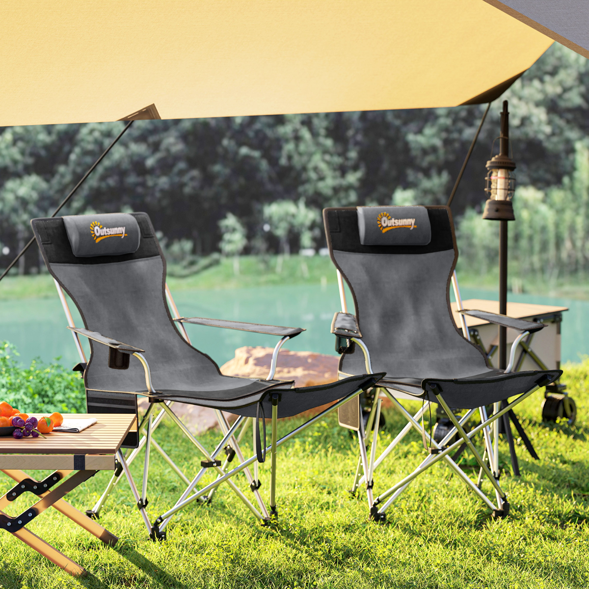 Outsunny Set of 2 Reclining Camping Chairs, Grey and Black