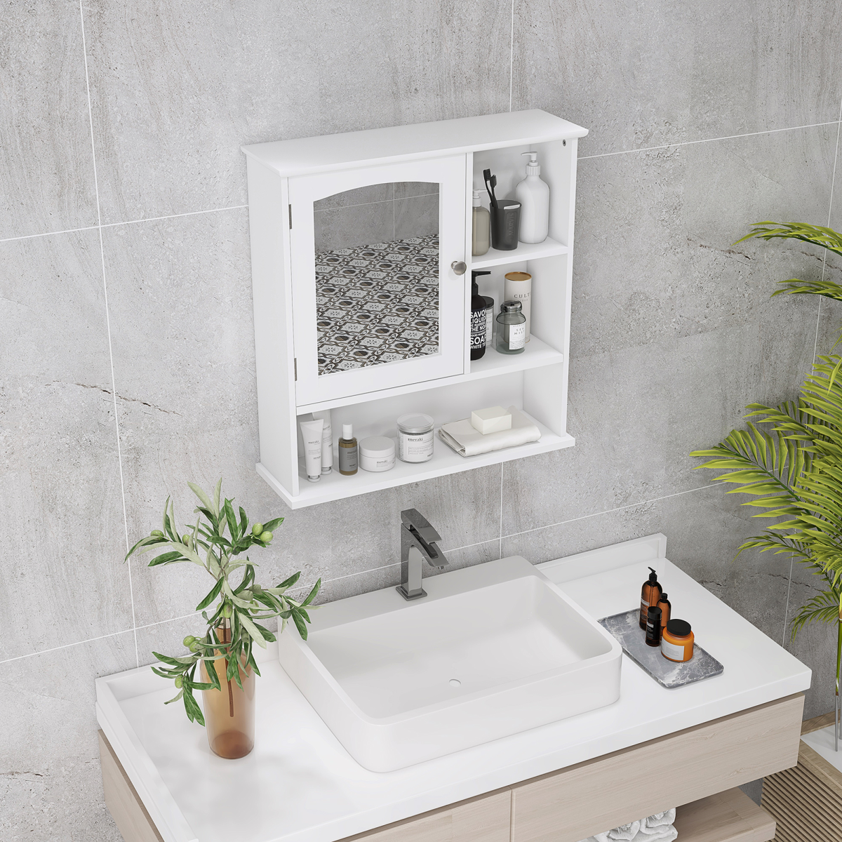 Wall Mount Mirror Cabinet Bathroom Storage Single Door Mounted Glass Cupboard