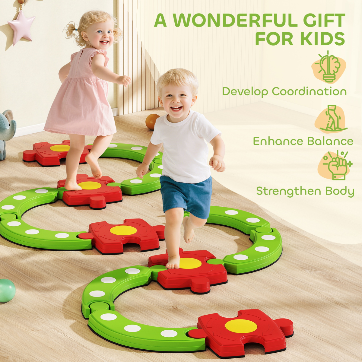 AIYAPLAY Kids Stepping Stones Balance Beam, Outdoor Indoor Sensory Toy Green