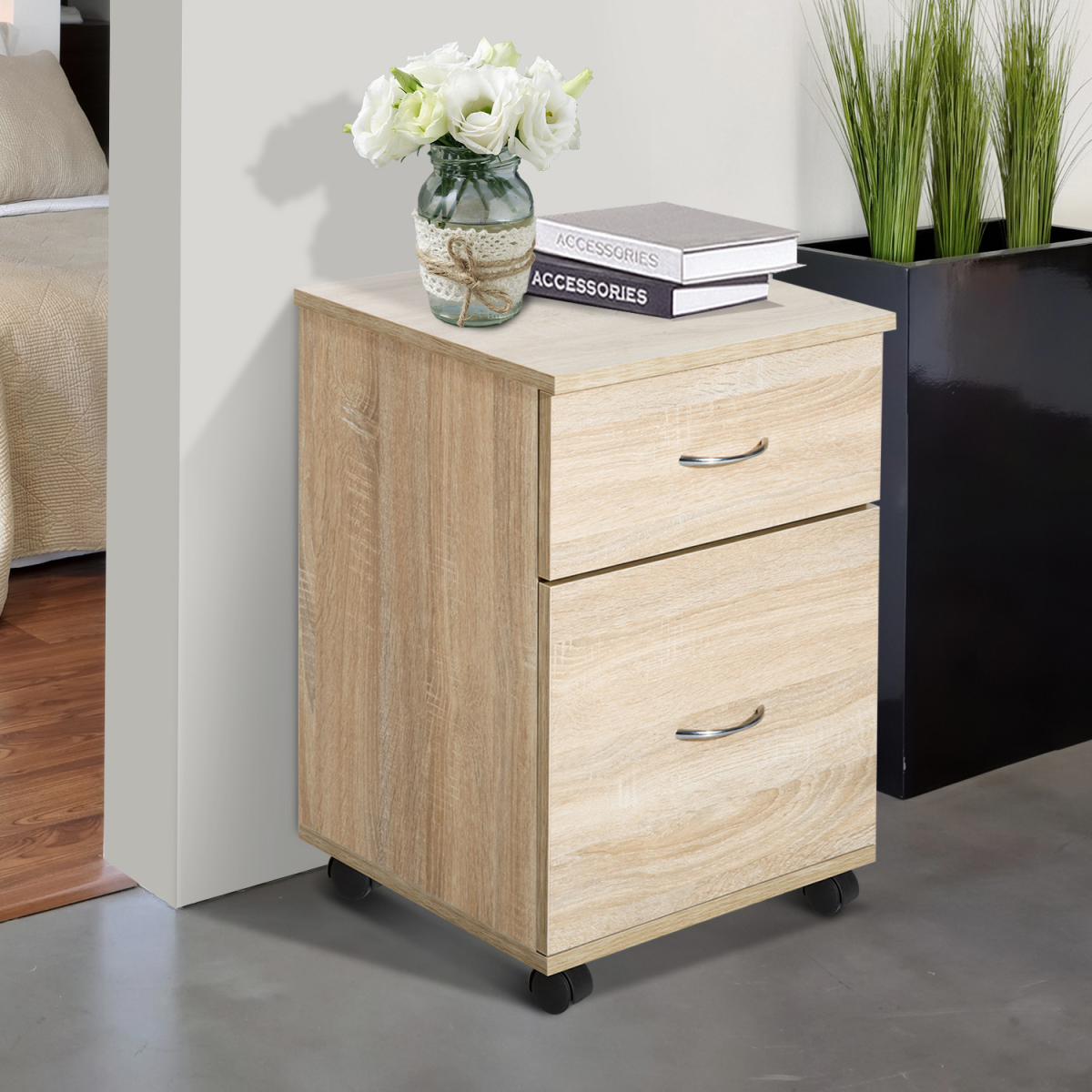 Mobile File Cabinet Wooden Side Table with 2 Drawers Pedestal Office Oak