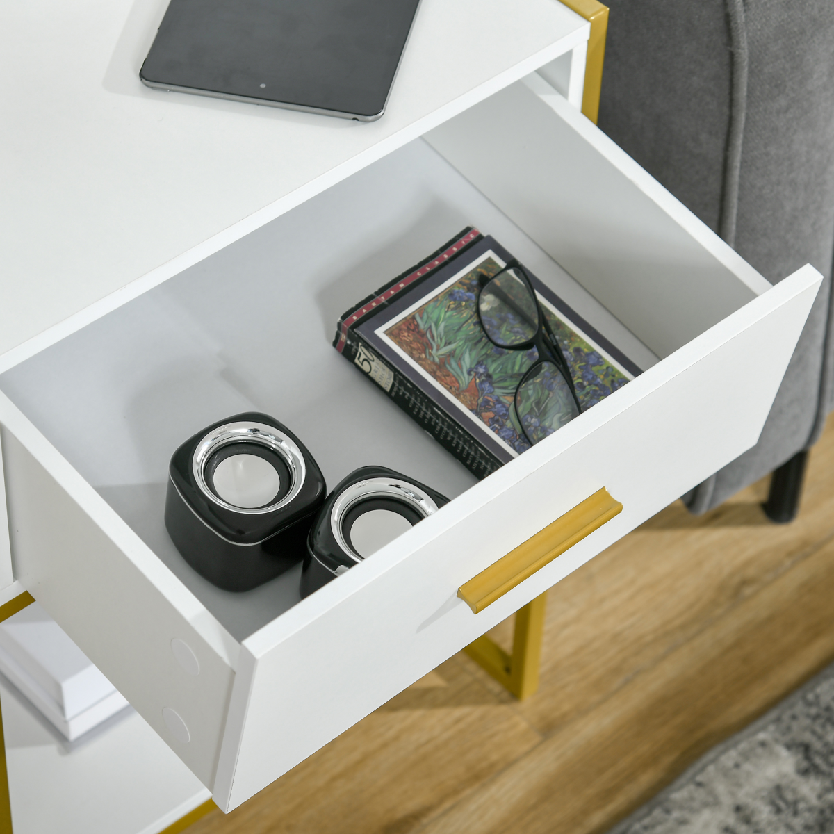 Modern Bedside Table Side Table Nightstand w/ Drawer Shelf White Gold