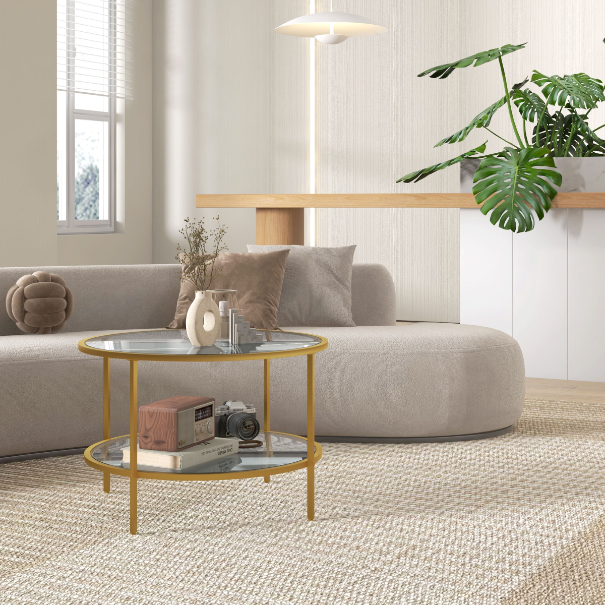 HOMCOM Round Coffee Table with Storage Shelf and Tempered Glass Top, Gold