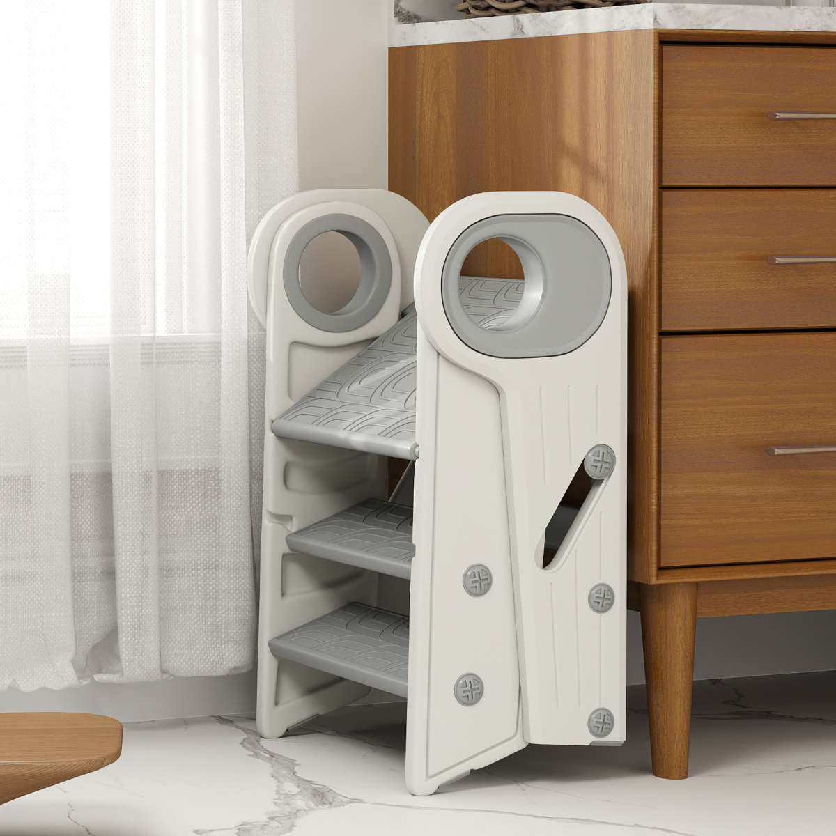 AIYAPLAY Toddler Tower, Foldable & Adjustable, with Handle, Non-Slip, Grey