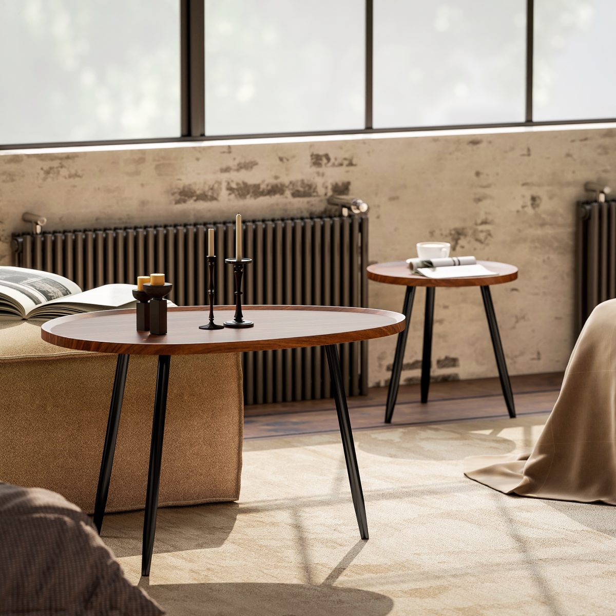 HOMCOM 2 80cm Sofa Side Table Set of 2 with Metal Legs, Chestnut Wood Effect