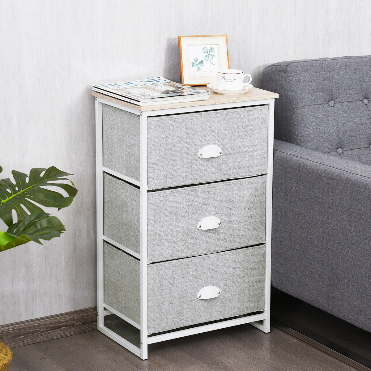 3/4 Fabric Nightstand Bedside Storage Cabinet Folding Drawers-4-Tier-Black