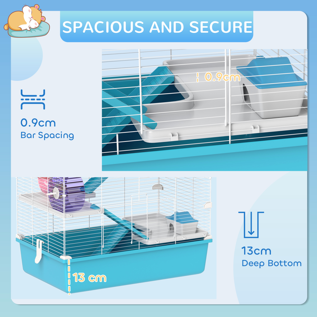 PawHut 6 Tier Hamster Cage with Twin Tower and Accessories, Light Blue