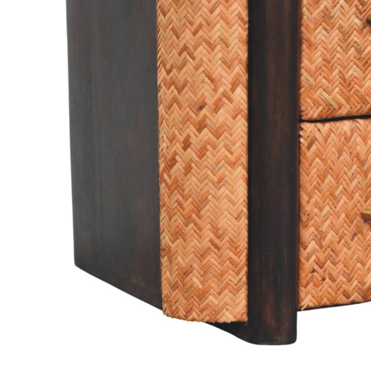 Artisan Furniture Solid Wood Rattan Curve Edge Nightstand, 2 Drawers, 1 Shelf, Brown