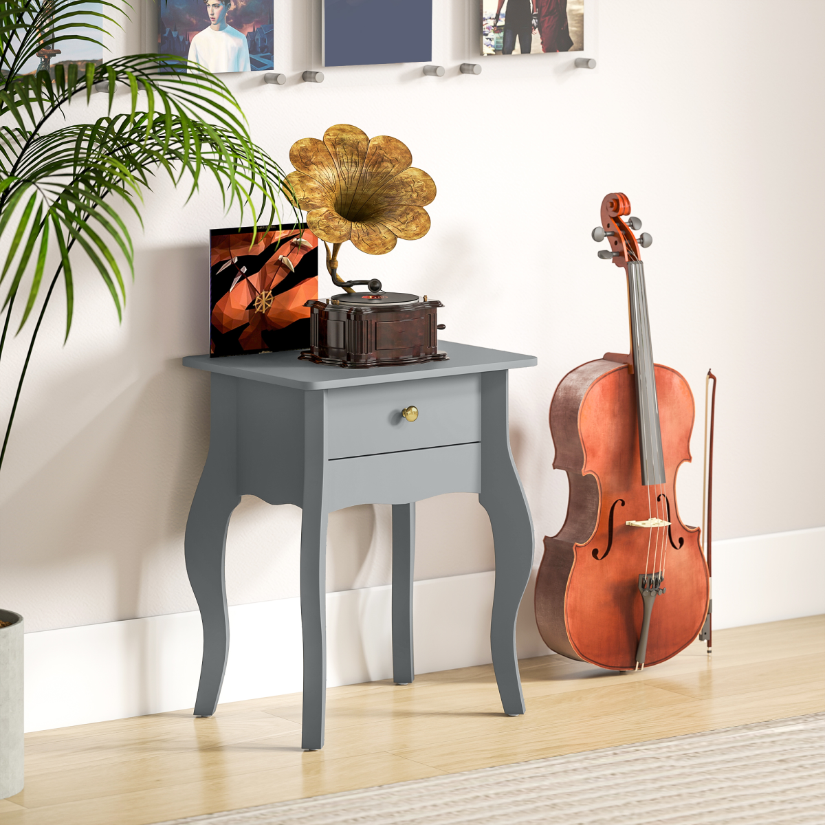 HOMCOM End Table French Style Small Table with Drawer and Curved Legs, Grey