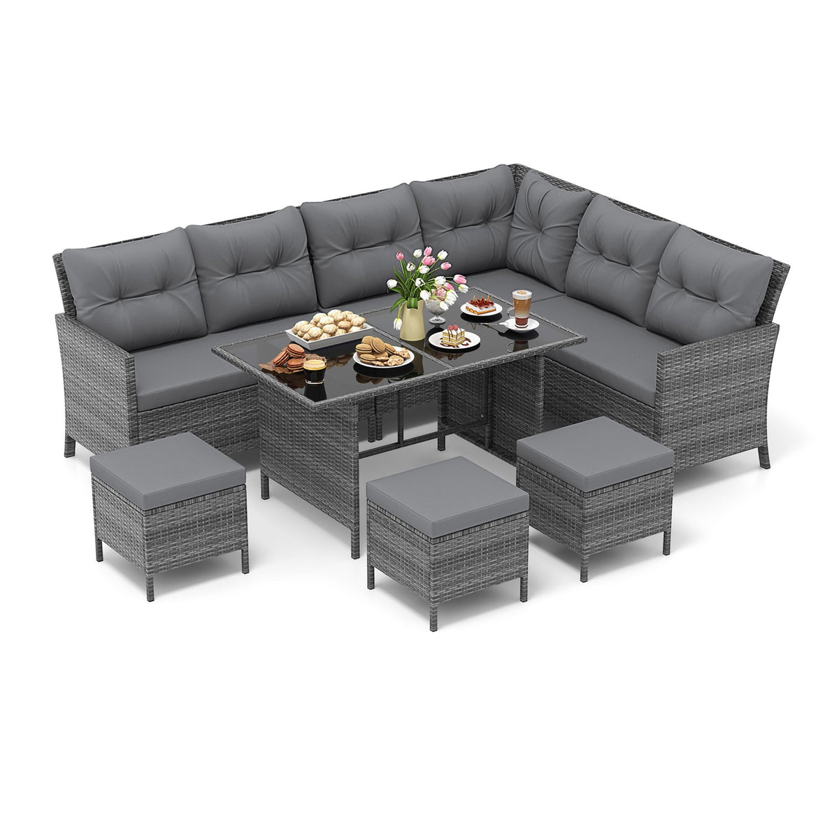 7 Pieces Patio Dining Furniture Set Outdoor PE Rattan Sectional Sofa Set-Off White