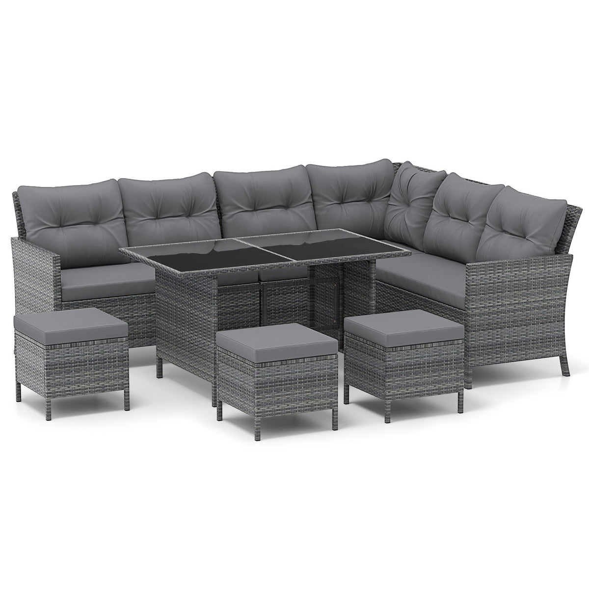 7 Pieces Patio Dining Furniture Set Outdoor PE Rattan Sectional Sofa Set-Off White