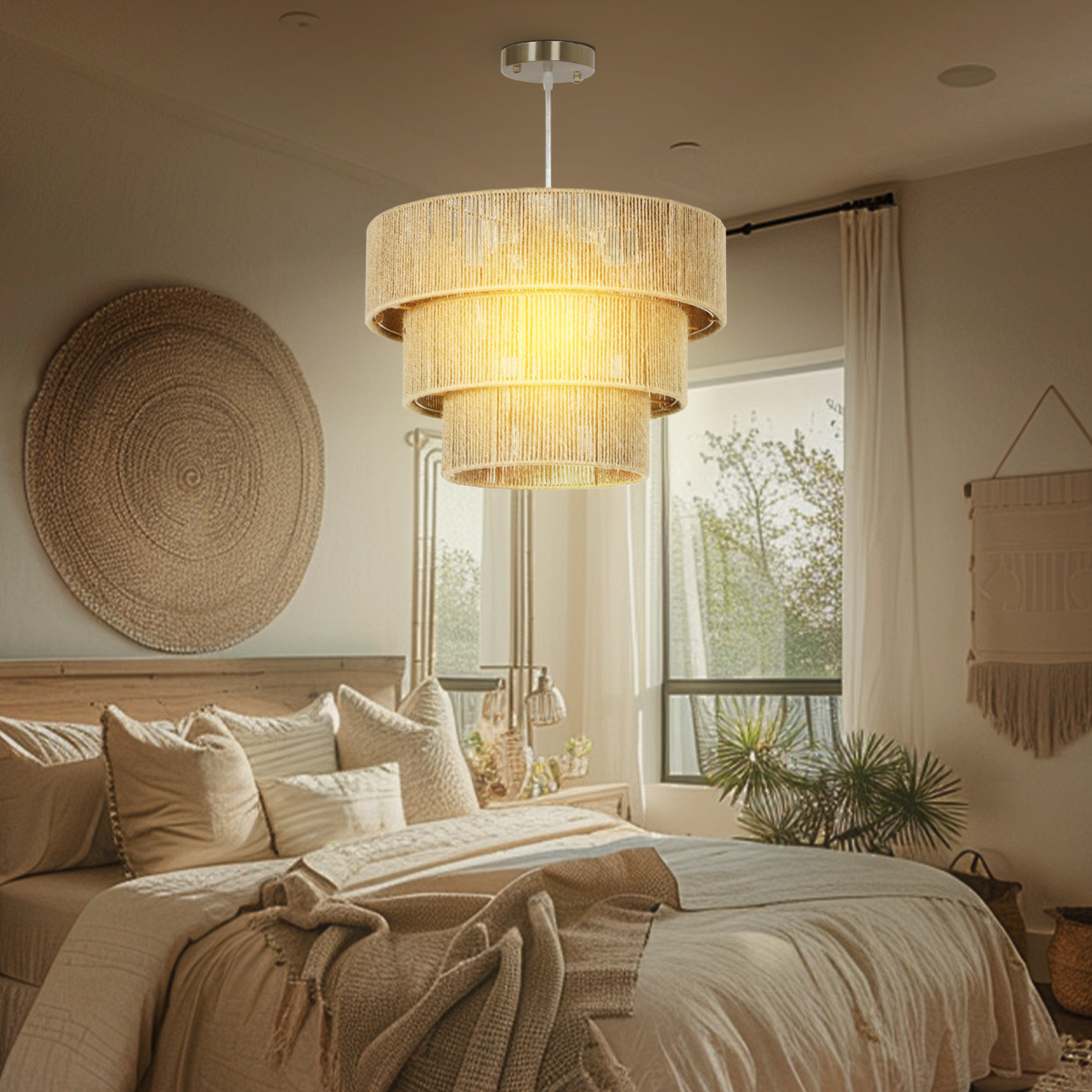 HOMCOM Boho Hemp Rope Pendant Light, Ceiling Light for Bedroom, Light Brown