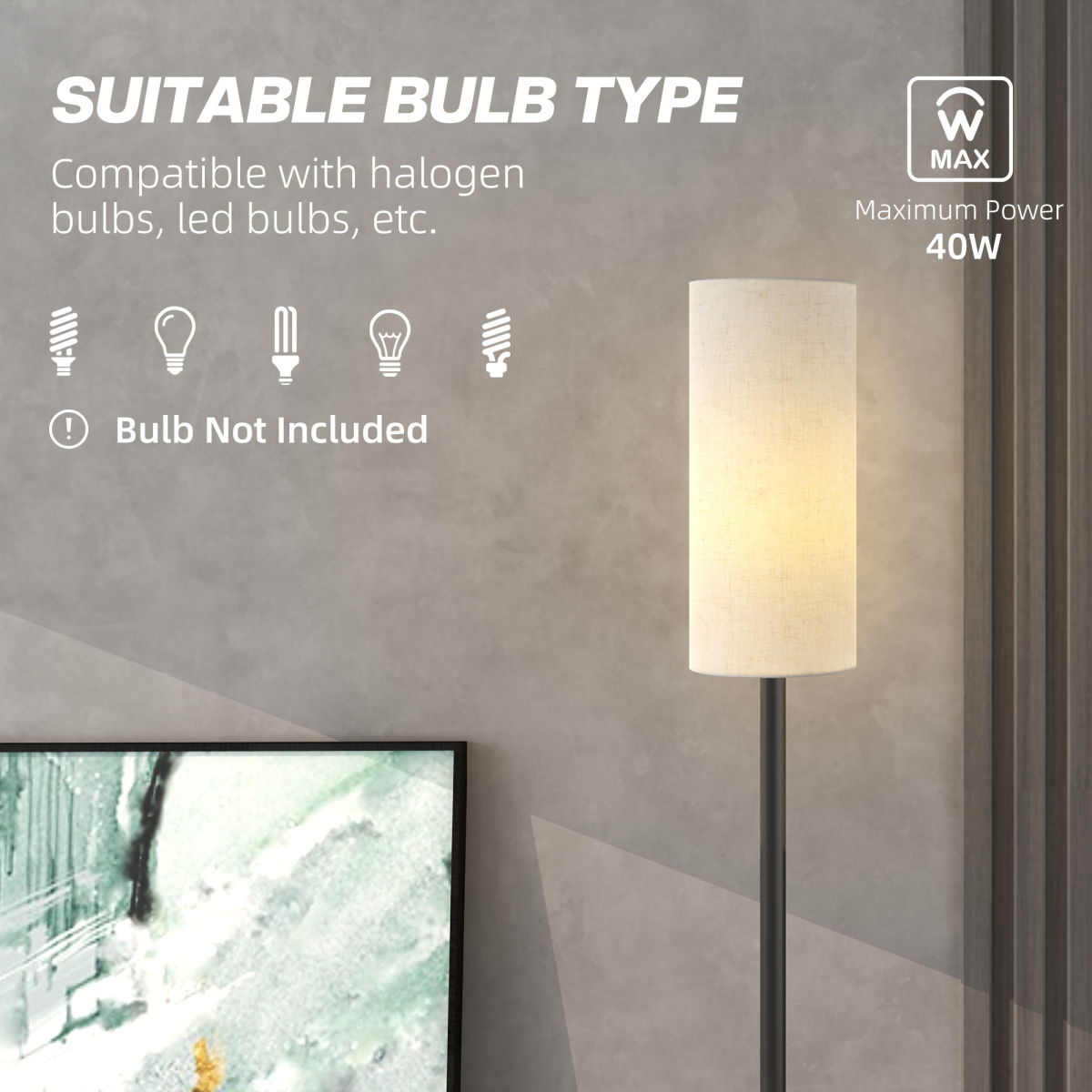HOMCOM Floor Lamp with Linen Shade & Foot Switch for Living Room, White