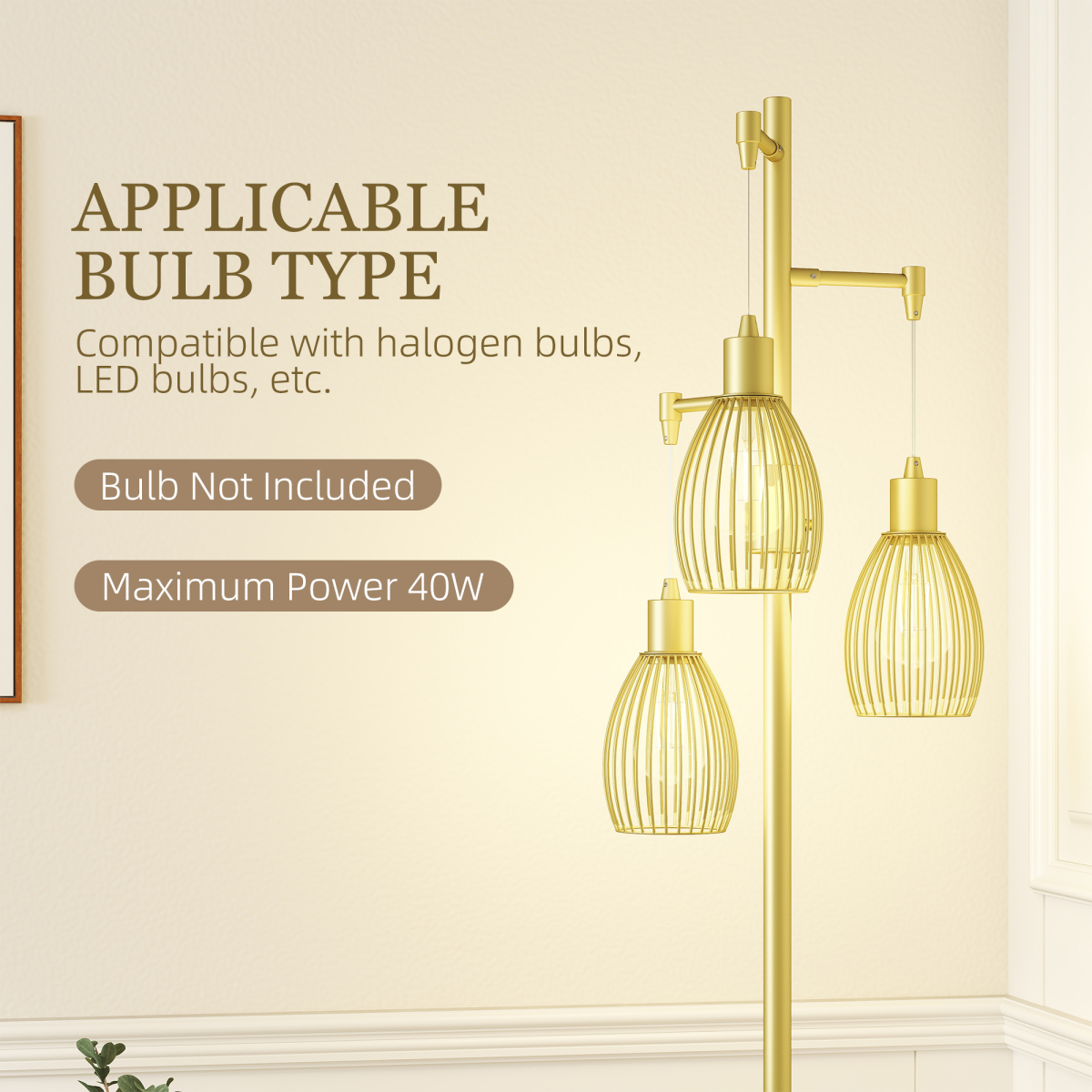 HOMCOM Industrial 3-Light Floor Lamp Dimmable Standing Lamp, Gold