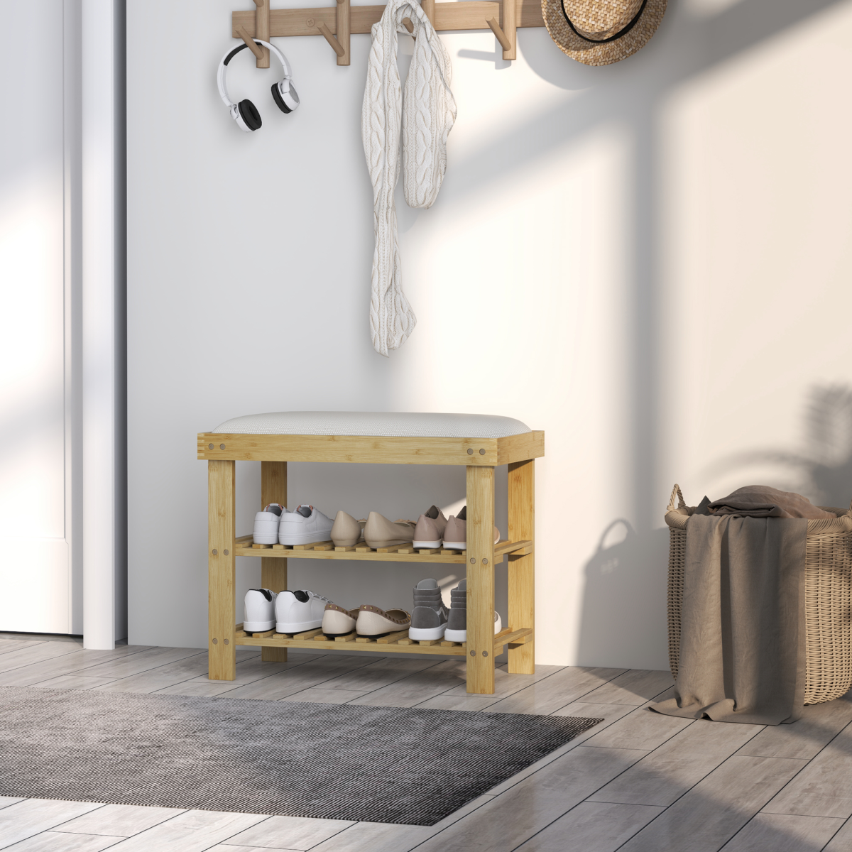 HOMCOM 3-Tier Shoe Storage Bench, Bamboo Shoe Rack for Entryway, Cream