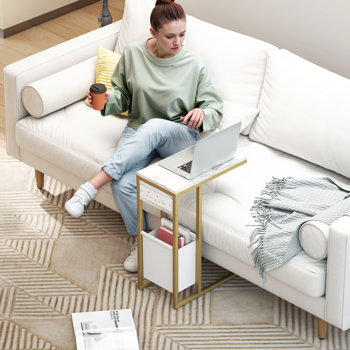 HOMCOM C Shaped Side Table, Faux Marble Bedside Table with Charging Station