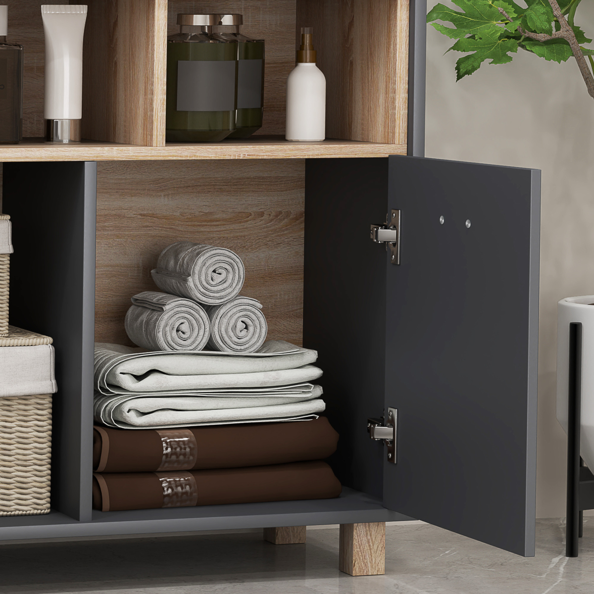 HOMCOM Bathroom Storage Cabinet with Open Compartments and Double Doors