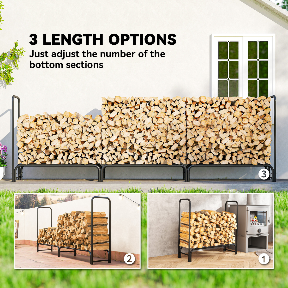 Outsunny Metal Firewood Rack, Log Holder, 300 x 36 x 99 cm, Dark Green