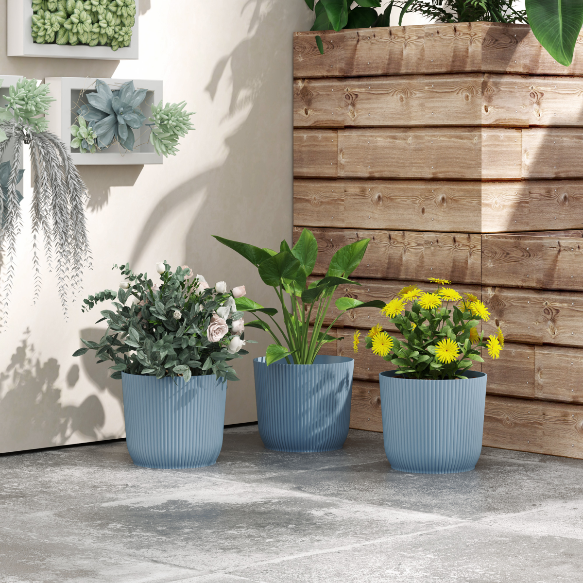 Outsunny Set of 3 Round Plant Pots Outdoor 22cm for Garden Decoration, Blue